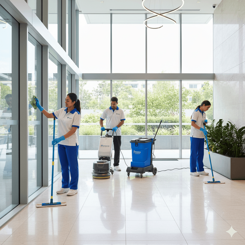 Professional cleaner team working inside a modern strata apartment building lobby