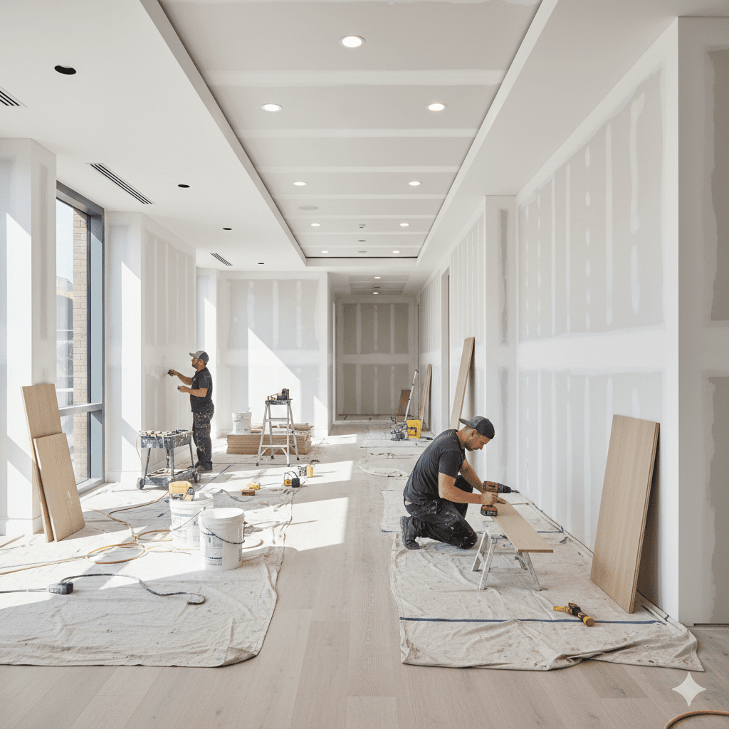 Renovation work in progress inside a modern strata or commercial building with tradespeople improving the space