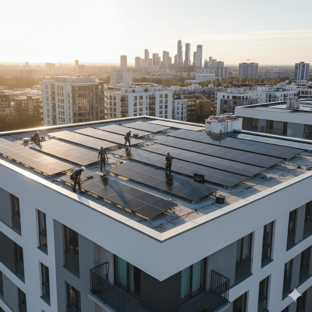Technicians installing sleek solar panels on the roof of a modern apartment building
